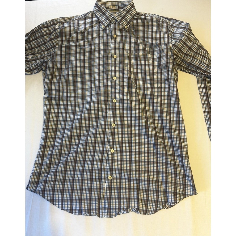 Peter Millar Men's M Button Down Plaid Shirt Brown Blue Yellow Cotton 30" L
